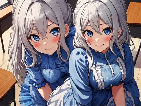 kiryuu shino, 1girl, (best quality), ((masterpiece)), (highres), blush, breasts, indoors, classroom, blue eyes, breasts, small_breasts, solo, ((close-up)), ((cute girl)), silver hair, pose, mouth open, smile, looking at viewer, frilly, blue dress, fancy