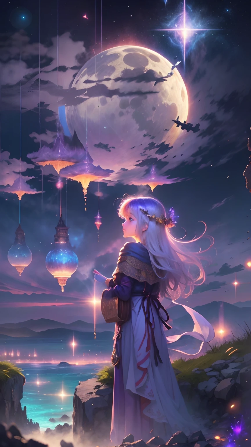 Expansive landscape photograph，Vast starry sky，look from down，Above is the sky，Below are the open ruins of a ruined city，（A girl stands on a rooftop and looks up），（moon full：1.2），（Meteors：0.9），（Starcloud），Distant sea level,（Warm light source：1.2），（glowworm：1.2），lamp lights，Lots of purple and orange，Complicated details，Volumetric lighting BREAK（tmasterpiece：1.2），（best qualtiy），4K，ultra - detailed，（dynamic compositions：1.4），detail-rich，plethora of colors，（Irridescent color：1.2），（with light glowing，Atmospheric lighting），dream magical，magical，（solo：1.2）Extremely detailed beauty, ridiculous, unbelievable Ridiculous, hugefilesize, ultra - detailed, A high resolution, The is very detailed, top-quality, tmasterpiece, illustratio, The is very detailed, nffsw, unified, 8K picture wallpaper, magnificent, finedetail, tmasterpiece, top-quality, A highly detailed，hentail realism，photoreali，（realisticlying，photograph realistic：1.37），（natta），
