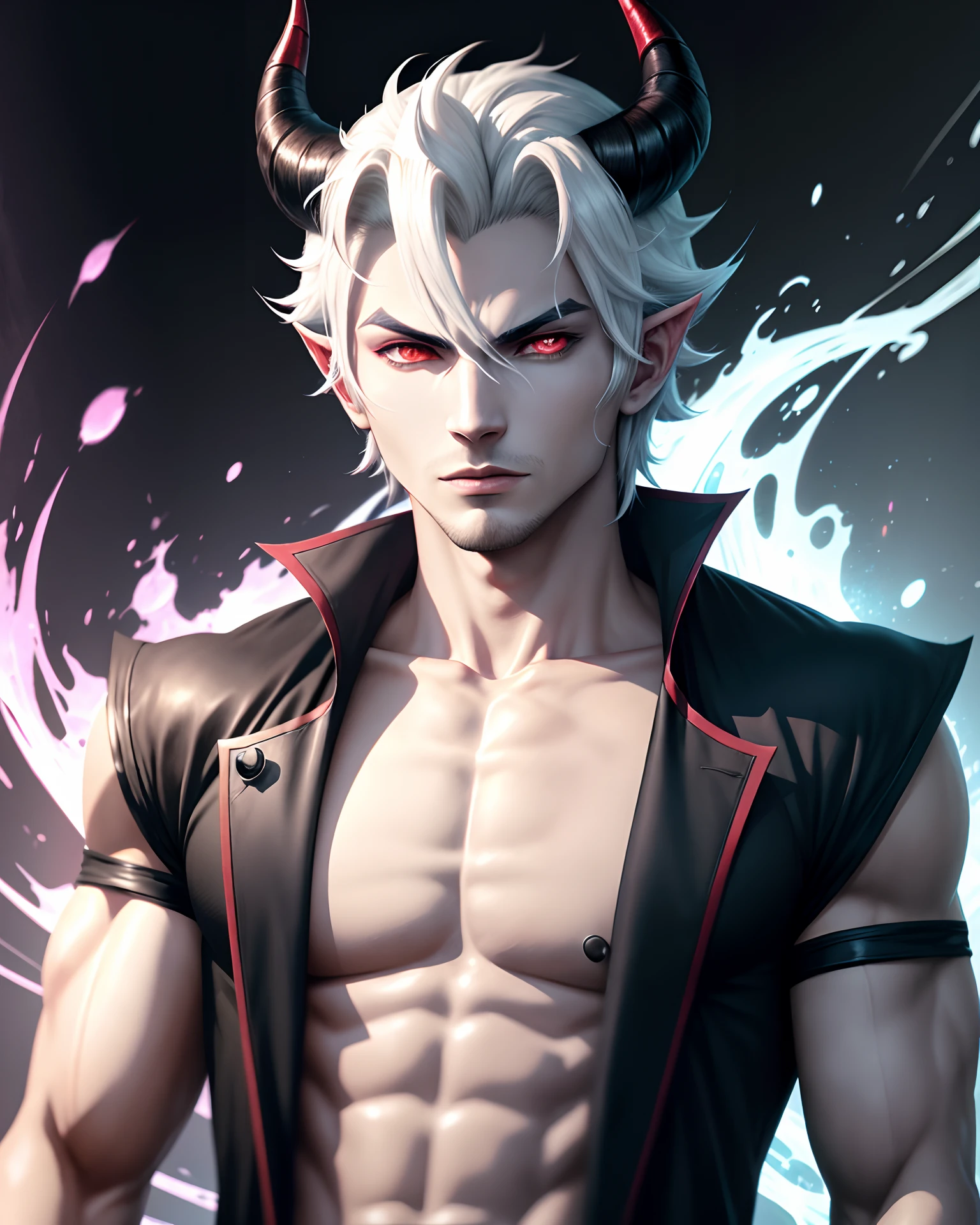 a close up of a male anime character with horns and a white face, fit ...