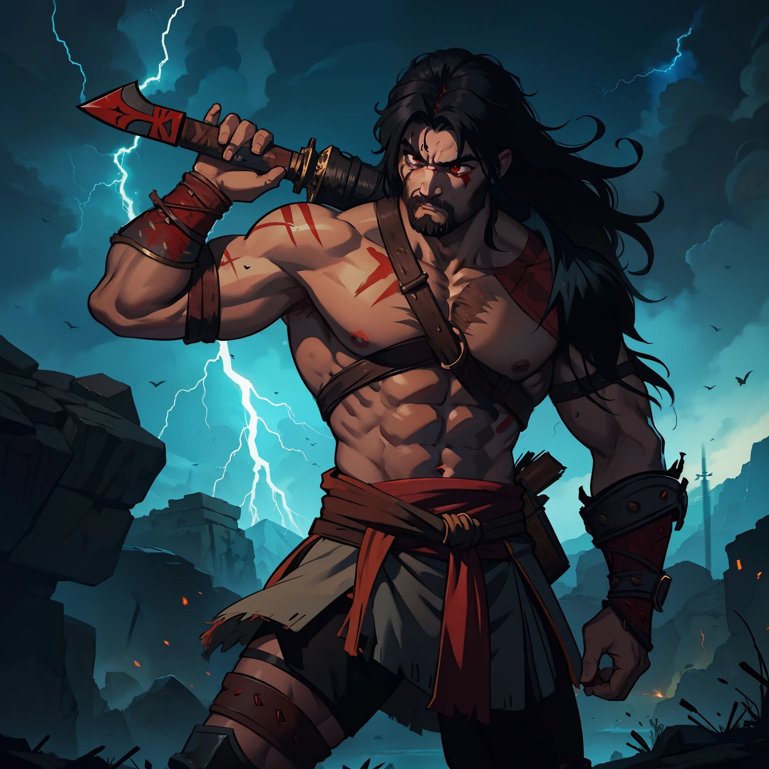 A barbarian warrior kratos style god of war, a barbarian warrior in a frenzy with long black hair and red eyes with tribal paintings on his body in a lightning storm in the skies, blue and dark colors;