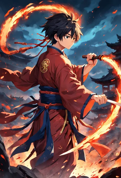 The hot fighting boy took the fire stick，Bloody battles on the battlefield，Wearing Hanfu，