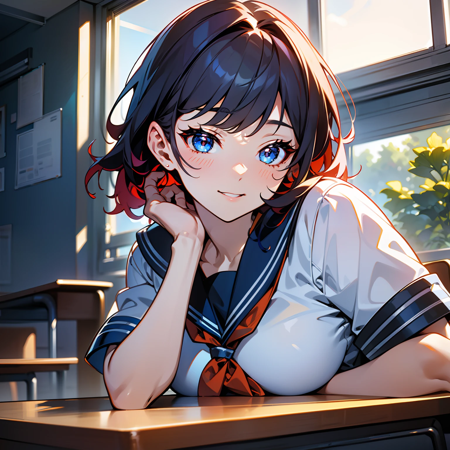 Blue-orange curls are curved inward，It belongs to short-haired，There is a strong sense of freshness and freshness,girl with,serafuku,hands on one's face,Elbows on the desk,Sit up,‎Classroom,sunlights,window, see the beholder, Toothless smile, Best Quality,Ultra-detailed, High resolution, extremely details CG, Unity 8k Wallpaper, Official art, production art, novel illustration, by famous artist, Caustics, textile shading, super detailed skin, Perfect Anatomy, Detailed, Cinematic lighting, Dynamic lighting, Beautiful detailed eyes, (top-quality), (Ultra-detail), (masuter piece), (hight resolution), (Original), Character Design, Game CG, Detailed Manga Illustration, Realistic head-to-body size ratio:1.2
