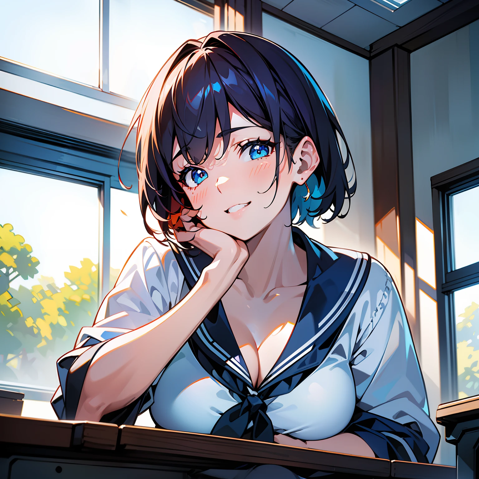 Blue-orange curls are curved inward，It belongs to short-haired，There is a strong sense of freshness and freshness,girl with,serafuku, hands on one's face, Elbows on the desk, Sit up, ‎Classroom, sunlights, window, see the beholder, Toothy smile, I can see the cleavage:1.2, Best Quality,Ultra-detailed, High resolution, extremely details CG, Unity 8k Wallpaper, Official art, production art, novel illustration, by famous artist, Caustics, textile shading, super detailed skin, Perfect Anatomy, Detailed, Cinematic lighting, Dynamic lighting, Beautiful detailed eyes, (top-quality), (Ultra-detail), (masuter piece), (hight resolution), (Original), Character Design, Game CG, Detailed Manga Illustration, Realistic head-to-body size ratio:1.2
