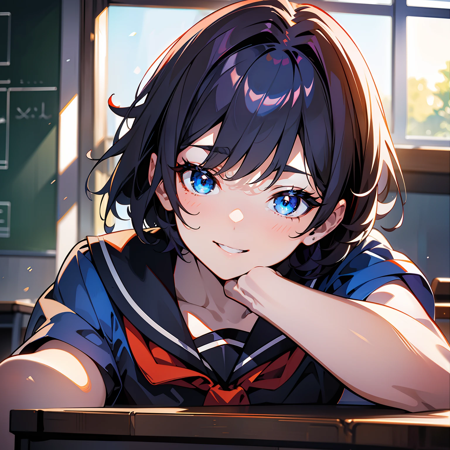 Blue-orange curls are curved inward，It belongs to short-haired，There is a strong sense of freshness and freshness,girl with,serafuku, hands on one's face, Elbows on the desk, Sit up, ‎Classroom, sunlights, window, see the beholder, Toothy smile, I can see the cleavage:1.2, Best Quality,Ultra-detailed, High resolution, extremely details CG, Unity 8k Wallpaper, Official art, production art, novel illustration, by famous artist, Caustics, textile shading, super detailed skin, Perfect Anatomy, Detailed, Cinematic lighting, Dynamic lighting, Beautiful detailed eyes, (top-quality), (Ultra-detail), (masuter piece), (hight resolution), (Original), Character Design, Game CG, Detailed Manga Illustration, Realistic head-to-body size ratio:1.2