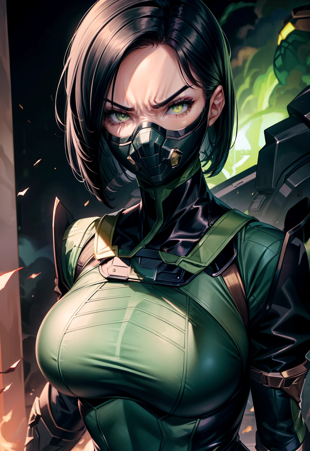 Masterpiece, Best quality,Look at the woman from below ，《Fearless viper》, tightsuit, mitts, belt, thigh boots, respirator, view the viewer, face, Portrait, Close-up, Glowing eyes, green smoke, Black background,huge tit，Raised chest，Close-up of chest，oversized ，chest focus，Woman in a swimsuit，angry look，Extremely erotic figure，Staring angrily at the screen，Facing the screen