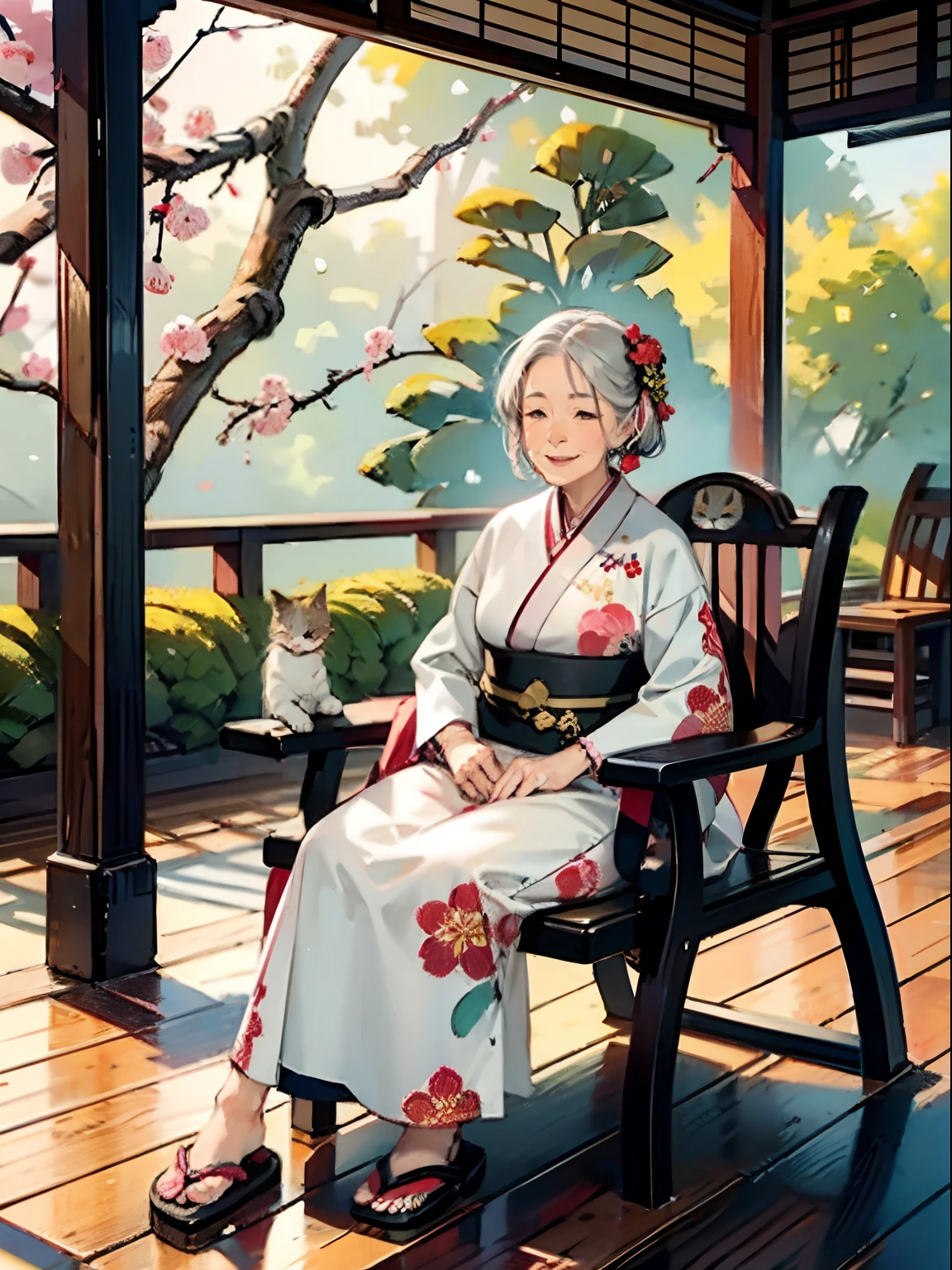 There is a woman sitting on a bench in a japanese garden - SeaArt AI