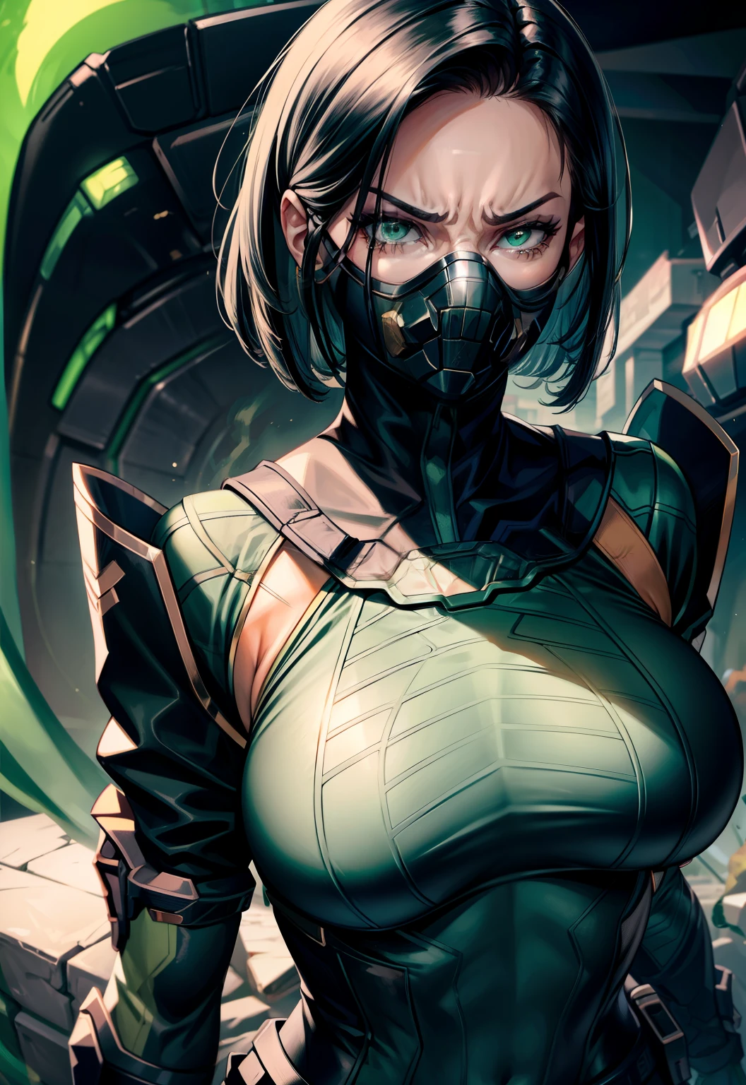 Masterpiece, Best quality,Look at the woman from below ，《Fearless viper》, tightsuit, mitts, belt, thigh boots, respirator, view the viewer, face, Portrait, Close-up, Glowing eyes, green smoke, Black background,huge tit，Raised chest，Close-up of chest，oversized ，chest focus，Woman in a swimsuit，angry look，Extremely erotic figure，Staring angrily at the screen，Facing the screen
