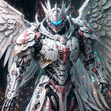 (masterpiece, best quality:1.3),extremely high detailed, 1male robot wearing cloak, (white cloak:1.2), holding sword, katana, god of war, intricate, 8k, HDR, wallpaper, cinematic lighting, (universe), glowing, armor, glowing eyes, mecha, large wings,