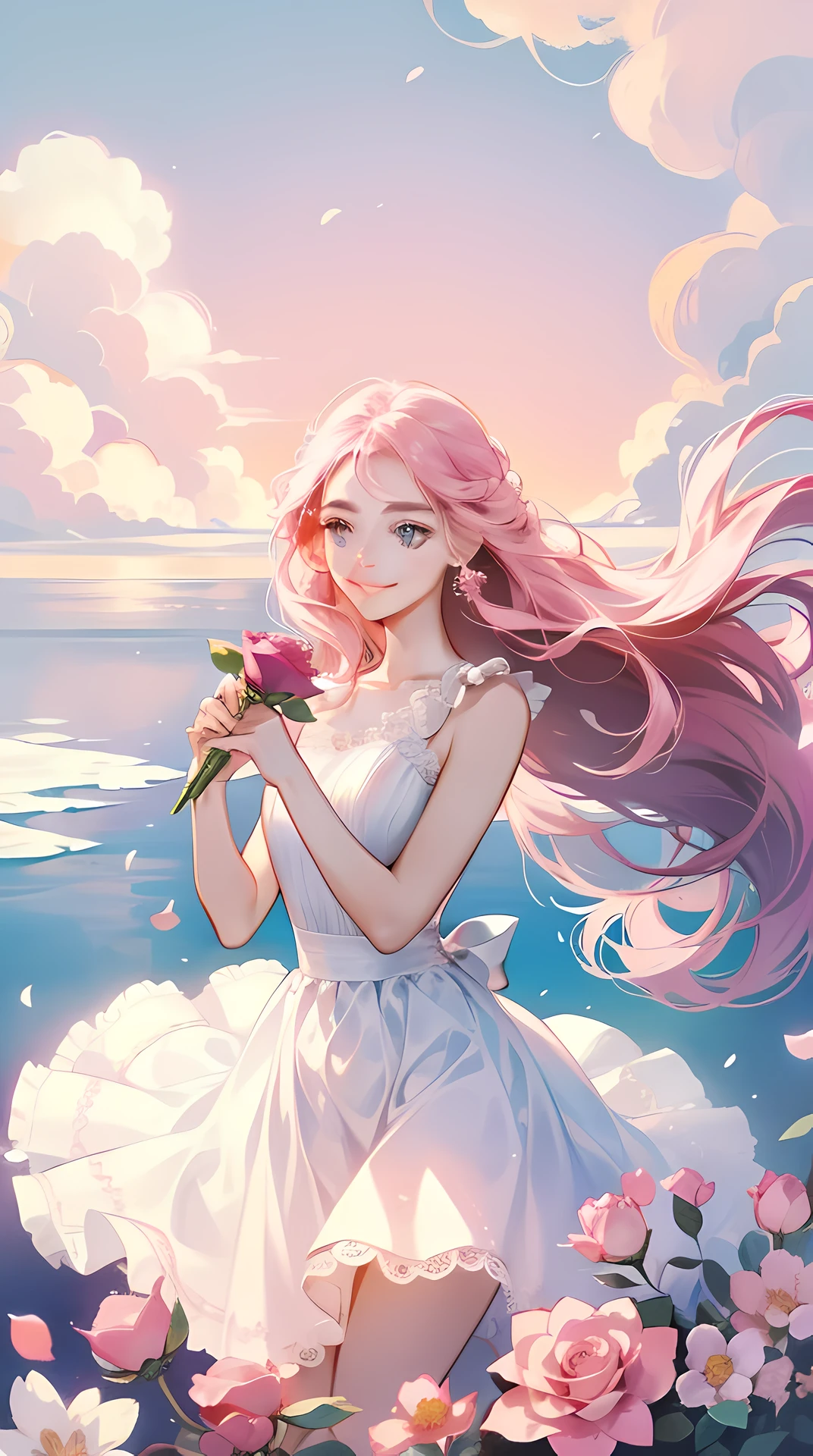 An 18 year old girl is wearing a розовый rose, Длинные волосы, Белое платье без рукавов, holding a розовый rose. Вдыхая аромат цветка, яркая фантазия, Сюрреализм, Майкл Кормак, розовый, монохроматическое спокойствие, яркая атмосфера, солнечный свет, счастье, счастье, и улыбка,