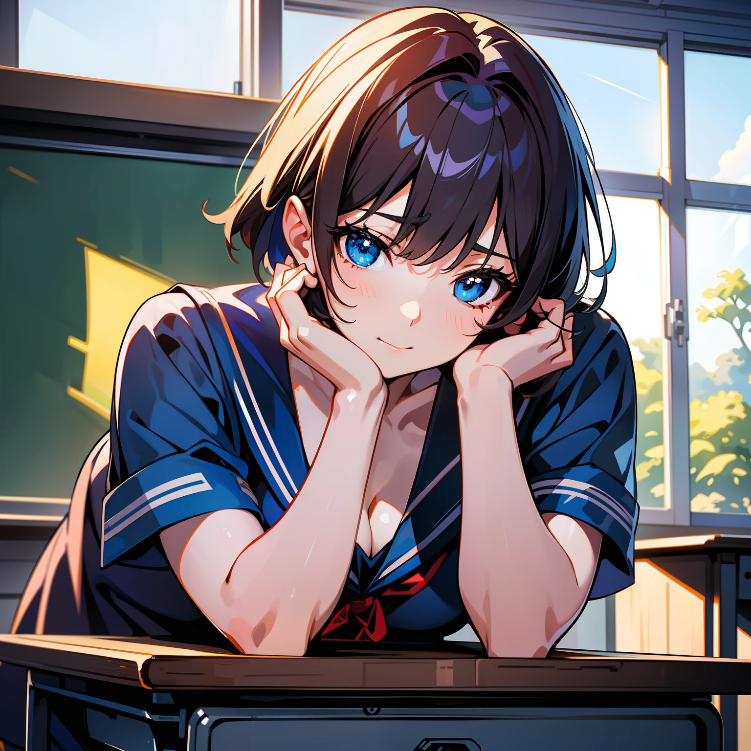 Blue-orange curls are curved inward，It belongs to short-haired，There is a strong sense of freshness and freshness,girl with,serafuku, hands on one's face, Elbows on the desk, Sit up, ‎Classroom, sunlights, window, see the beholder, Iki face, I can see the cleavage:1.2, Best Quality,Ultra-detailed, High resolution, extremely details CG, Unity 8k Wallpaper, Official art, production art, novel illustration, by famous artist, Caustics, textile shading, super detailed skin, Perfect Anatomy, Detailed, Cinematic lighting, Dynamic lighting, Beautiful detailed eyes, (top-quality), (Ultra-detail), (masuter piece), (hight resolution), (Original), Character Design, Game CG, Detailed Manga Illustration, Realistic head-to-body size ratio:1.2