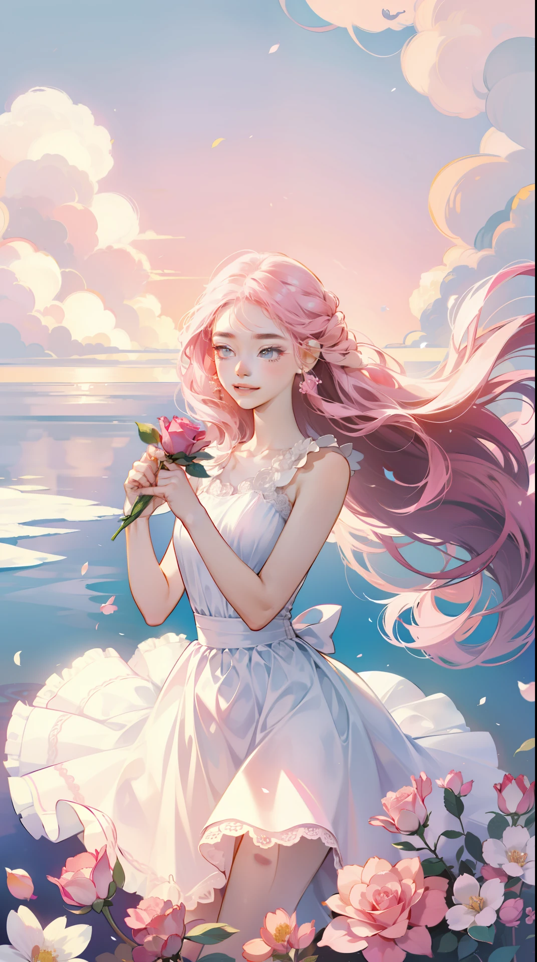 An 18 year old girl is wearing a 粉色的 rose, 长发, 白色无袖连衣裙, holding a 粉色的 rose. 闻着花香, 明亮的幻想, 超现实主义, 迈克尔·科马克, 粉色的, 单色的宁静, 明亮的气氛, 阳光, 幸福, 幸福, 和一个微笑,