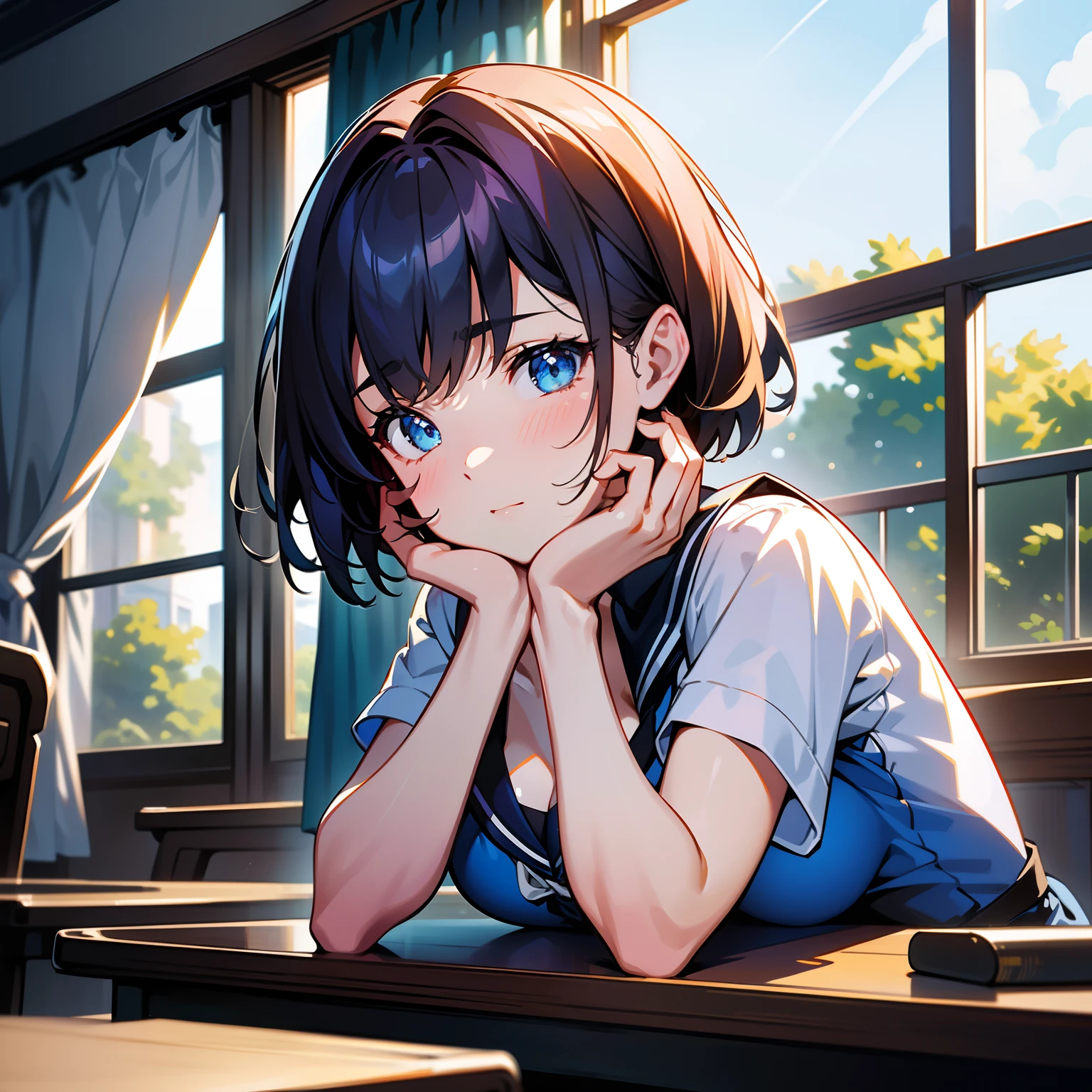 Blue-orange curls are curved inward，It belongs to short-haired，There is a strong sense of freshness and freshness,girl with,serafuku, hands on one's face, Elbows on the desk, Sit up, ‎Classroom, sunlights, window, see the beholder, Iki face, I can see the cleavage:1.2, Best Quality,Ultra-detailed, High resolution, extremely details CG, Unity 8k Wallpaper, Official art, production art, novel illustration, by famous artist, Caustics, textile shading, super detailed skin, Perfect Anatomy, Detailed, Cinematic lighting, Dynamic lighting, Beautiful detailed eyes, (top-quality), (Ultra-detail), (masuter piece), (hight resolution), (Original), Character Design, Game CG, Detailed Manga Illustration, Realistic head-to-body size ratio:1.2