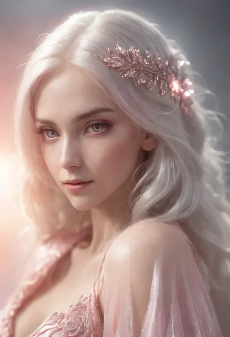 blond woman with white hair and glowing lights in a pink dress ...