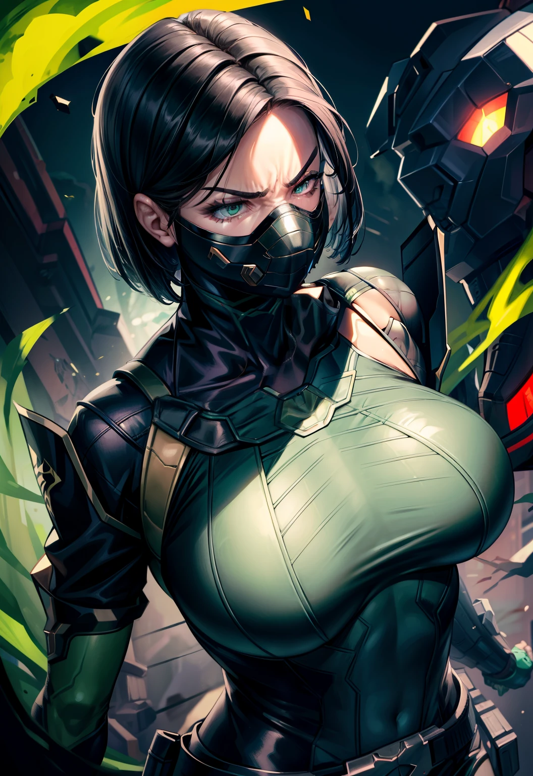 Masterpiece, Best quality,Look at the woman from below ，《Fearless viper》, tightsuit, mitts, belt, thigh boots, respirator, view the viewer, face, Portrait, Close-up, Red-faced，Glowing eyes, green smoke, Black background,huge tit，Raised chest，Close-up of chest，oversized ，chest focus，Woman in a swimsuit，angry look，Extremely erotic figure，Staring angrily at the screen，Facing the screen，High-gloss dark style