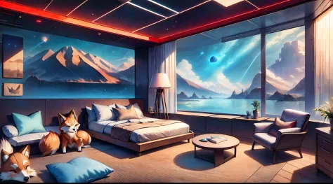 Mechanical industry，Functional wind，inside in room，Studio，Widescreen PC，cyber punk perssonage，Studio，starrysky，mirai，Machinary，Technologie，Comfortable chairs and throw pillows，Welcome day，Large floor-to-ceiling windows，asteroids，starrysky，sci-fy，dream magi...