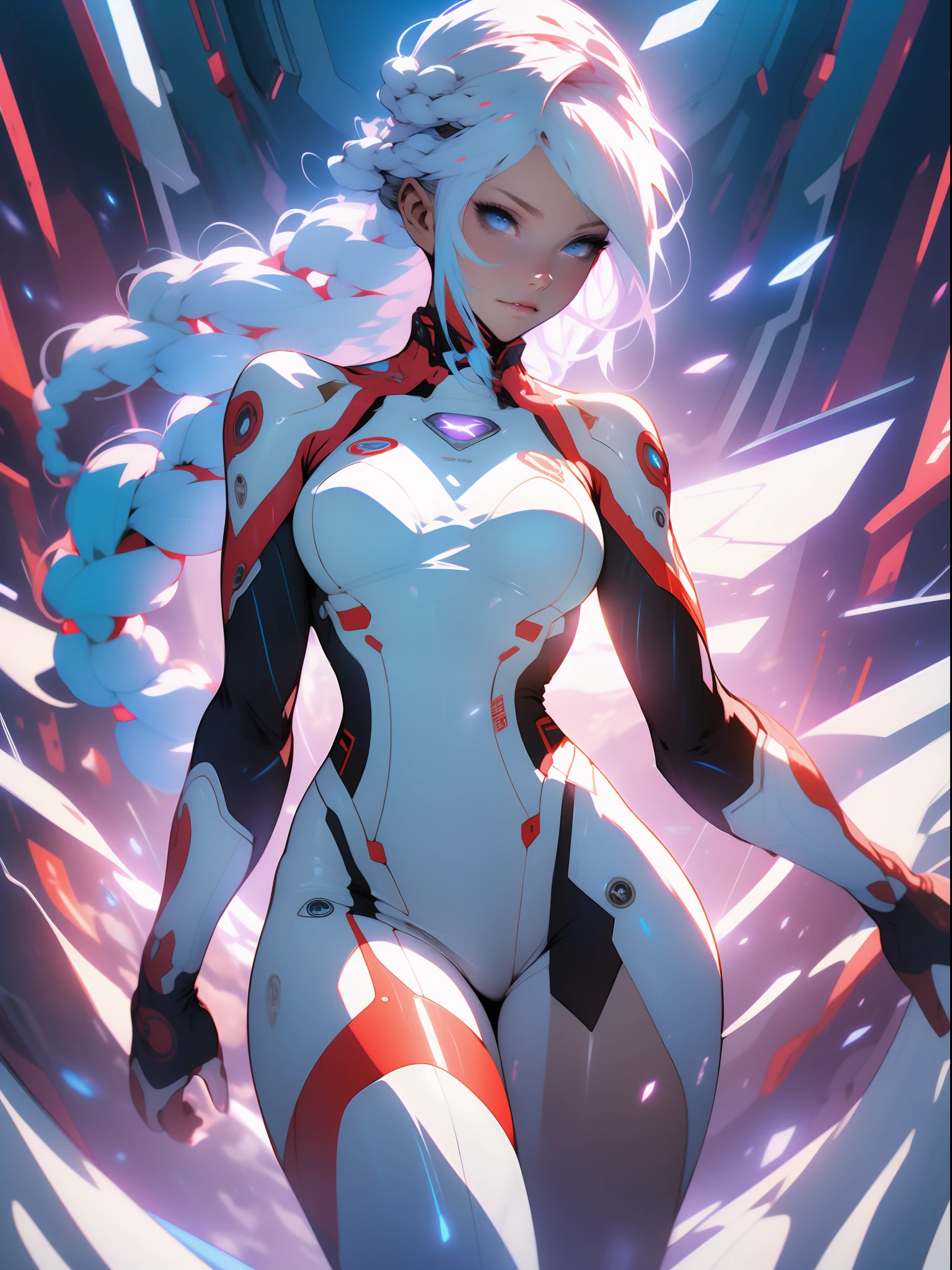 ((Best quality)), ((Masterpiece)), (Detailed: 1.4), (Absurd), War-ready female fighter pilot, Dark skin, flash dc comics, Lightning and lightning, muscular sculptural body defined, full bodyesbian, half-thick naked thighs, Closed mouth, muscular body covered in technological clothing, Neon Genesis Evangelion style, Cyberpunk, generous neckline, ((perfect medium breasts)), (Ultra-light blue eyes，No Pupil),  ((white and dark red clothing)), (((white hair with braid))), long eyelashes heavy makeup, a garter belt, By Mucha, niji --V5, near the real, psychopathic, Crazy face, Sexy pose, background with a giant head of Genesis evangelion neon style robot, 2 piece clothing, shoulder pads with airplane wings, Pastel, Centered, Scale to fit the dimensions, hdr (HighDynamicRange), Ray tracing,NVIDIA RTX,Hyper-Resolution,Unreal 5,Subsurface dispersion, PBR Texture, Post-processing, Anisotropic filtering, Depth of field, Maximum clarity and sharpness, Many-Layer Textures, Albedo and specular maps, Surface Coloring, Accurate simulation of light-material interaction, Perfect proportions, rendering by octane, Two-tone lighting, Wide aperture, Low ISO, White balance, Rule of thirds, 8K raw data, crysisnanosuit