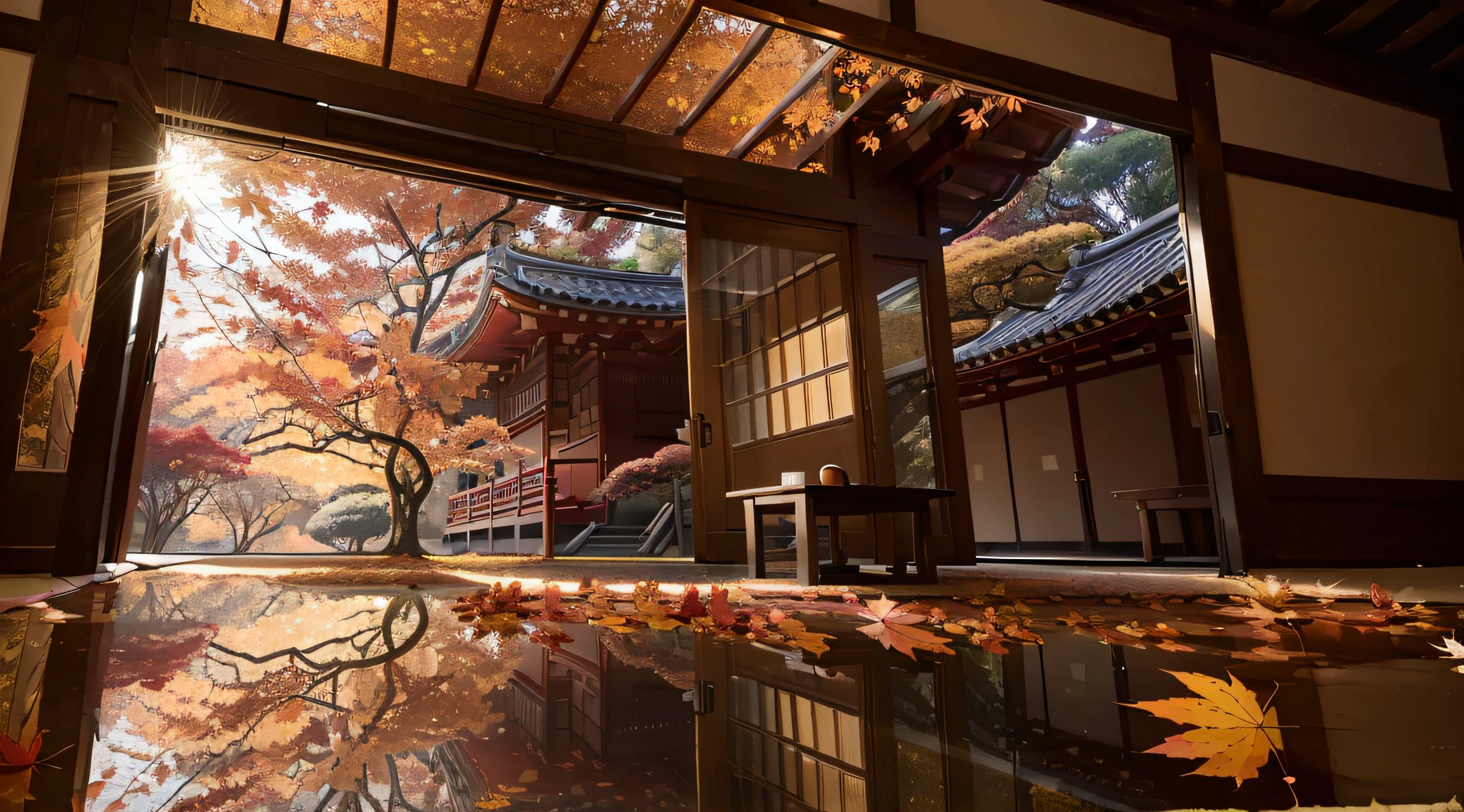 (((sunset:1.5, sunset light:1.3, moody light:1.3, cinematic light:1.3)))), An illustration of the scenery of the autumn leaves are depicted in a double layer due to the mirror reflection of Korin-in, Daitoku-ji Temple. at night, ultra-detailed, hyper-sharp, digital illustration, Place: Daitokuji Korin-in room Time: Autumn Subject: A specular reflection of autumn foliage The illustration depicts the specular reflection of autumn leaves on a table in the interior of Daitokuji Korin-in Temple. The table is in a room with a calm atmosphere like a tea room. The scenery of autumn leaves is clearly projected on the table. The scenery of autumn leaves is thought to have been seen from famous spots for autumn leaves such as the Sanmon Gate and Hojo in the precincts of Daitokuji Temple. The autumn leaves are dyed in various colors such as red, yellow, and orange, creating an atmosphere of autumn. (((In the illustration, the autumn leaves are depicted in a double layer due to the mirror reflection: 1.5))), which further emphasizes the beauty of the autumn leaves. In addition, the mirror reflection connects the interior and the landscape of the precincts, giving a sense of the depth of the space. Fittings such as shoji and fusuma in the room light from window Vividly expressing the colors of autumn leaves Emphasizing the beauty of autumn leaves by mirror reflection Expressing a space where the interior and the scenery of the precincts are connected