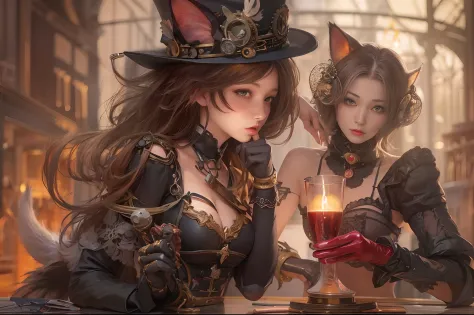 there are 2 girls in a cat suit holding a glas of red wine, steampunk catgirl, candle light, steampunk beautiful anime woman, sm...