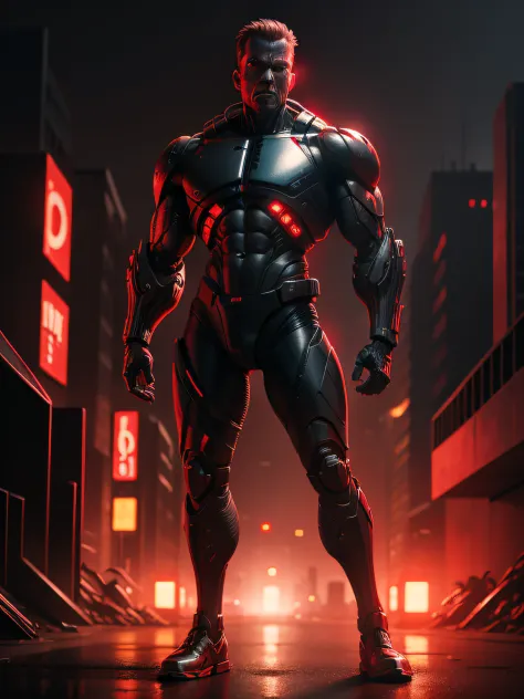 A terminator in the dark city, full body, red background light, 8k, ultrarealistic