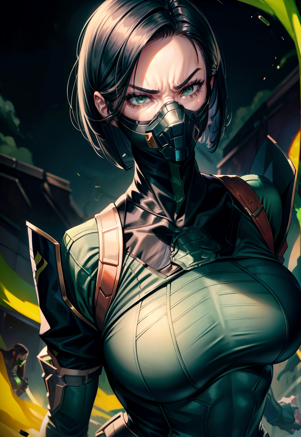 Masterpiece, Best quality,Look at the woman from below ，《Fearless viper》, tightsuit, mitts, belt, thigh boots, respirator, view the viewer, face, Portrait, Close-up, Red-faced，Glowing eyes, green smoke, Black background,huge tit，Raised chest，Close-up of chest，oversized ，chest focus，Woman in a swimsuit，angry look，Extremely erotic figure，Staring angrily at the screen，Facing the screen，High-gloss dark style
