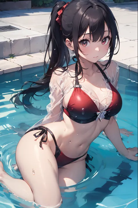 Beautiful fece, ​masterpiece, top-quality, hiqcgbody, animesque, 1girl in, Medium chest, The bikini, (transparent transparent red swimsuit), portrait shot, Look at viewers, Partially submerged, Outdoor pool, (silber hair),poneyTail,wetted skin, intricate d...