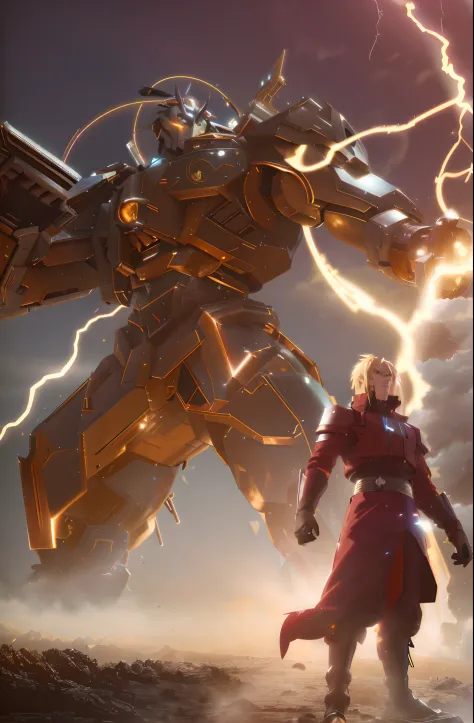 anime character with lightning in the background and a giant robot in the foreground, greg rutkowski e krenz cushart, wojtek fus...