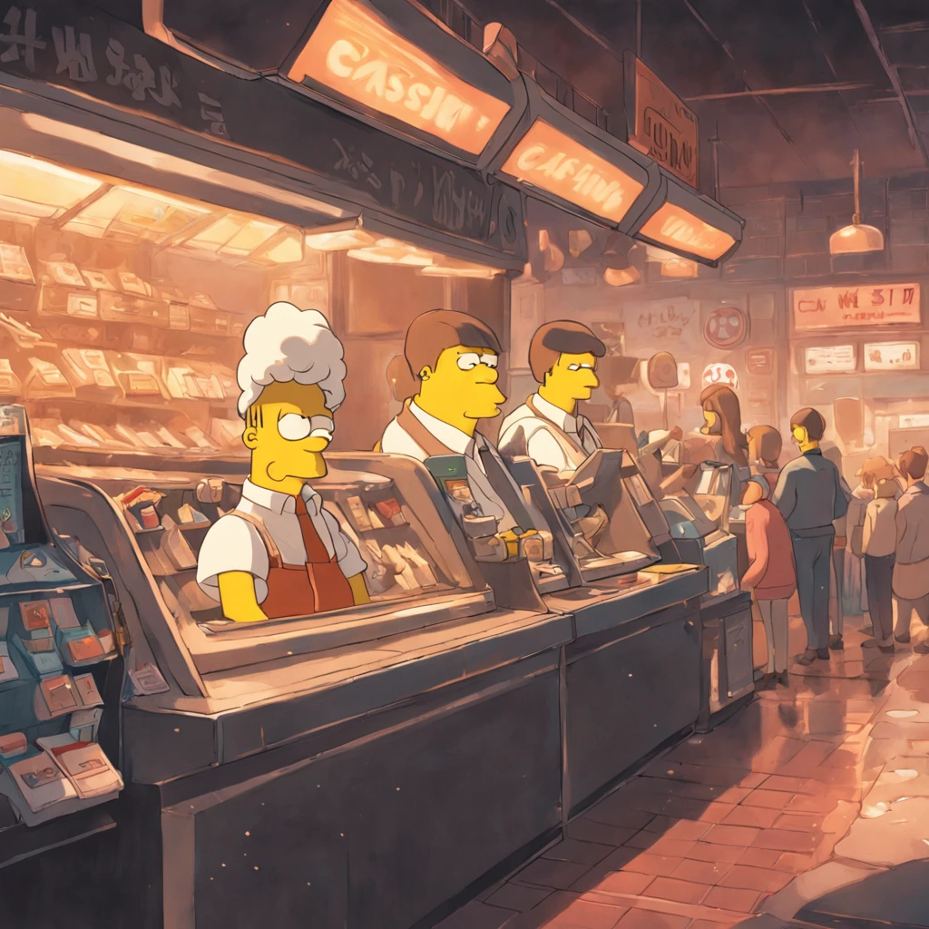 Simpsons characters in a store with customers standing around SeaArt AI