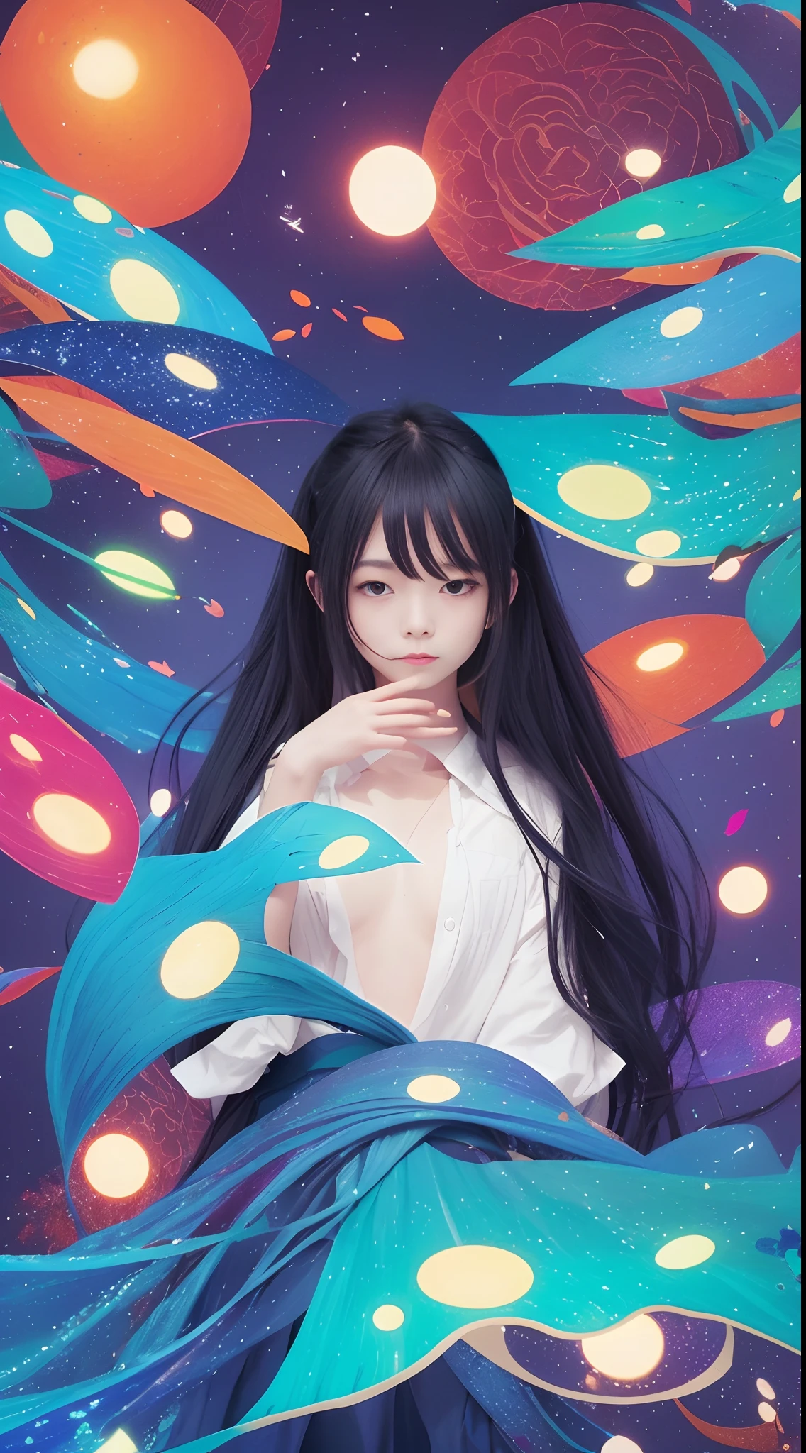 Generate text describing Arianna's paintings。Her work is full of passionate colors and unique shapes.、Grab the viewer's heart and keep them going.。Her work is like emotions and thoughts projected on a canvas.、Deeply impresses the viewer。In particular, please write in the image of her masterpiece.。