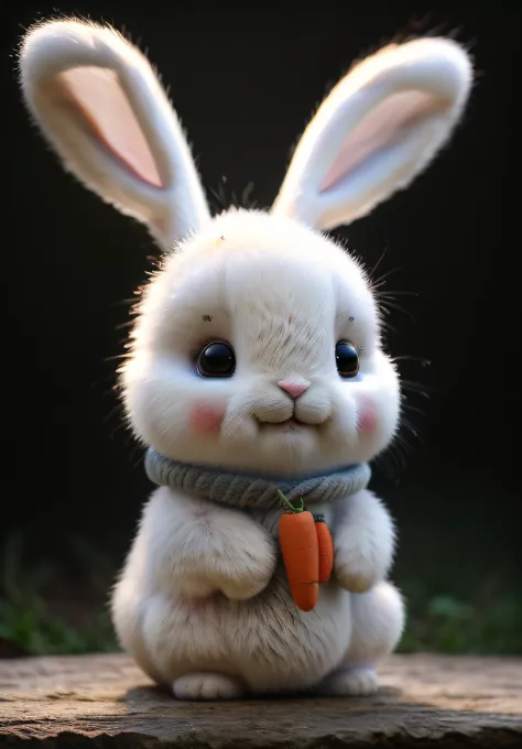 Top Qualität))、((Meisterwerk))、(Einzelheiten)、Süßes weißes Kaninchen 1、Ein  Lächeln、Karotten essen、Aufklärung、weißer Hintergrund - SeaArt AI