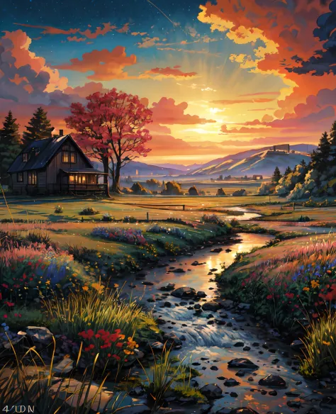 painting of a sunset over a field with a stream and a house, scenery art detailed, scenery artwork, painted landscape, detailed ...