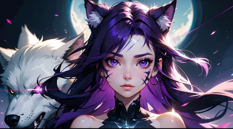 Close-up of a woman and a wolf, purple hair, hair strand, facepaint, anime, motion blur, polar opposites, cut-in, lens flare, textured skin, retina, best quality