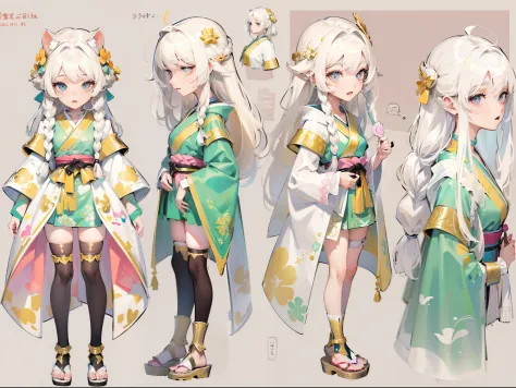 ((Masterpiece, Highest quality)), Detailed face, CharacterDesignSheet， full bodyesbian, Full of details, Multiple poses and expressions, Highly detailed, Depth, Many parts，A beautiful girl with white hair，Shoelaces twisted braids，He wears a blonde hairpin，...