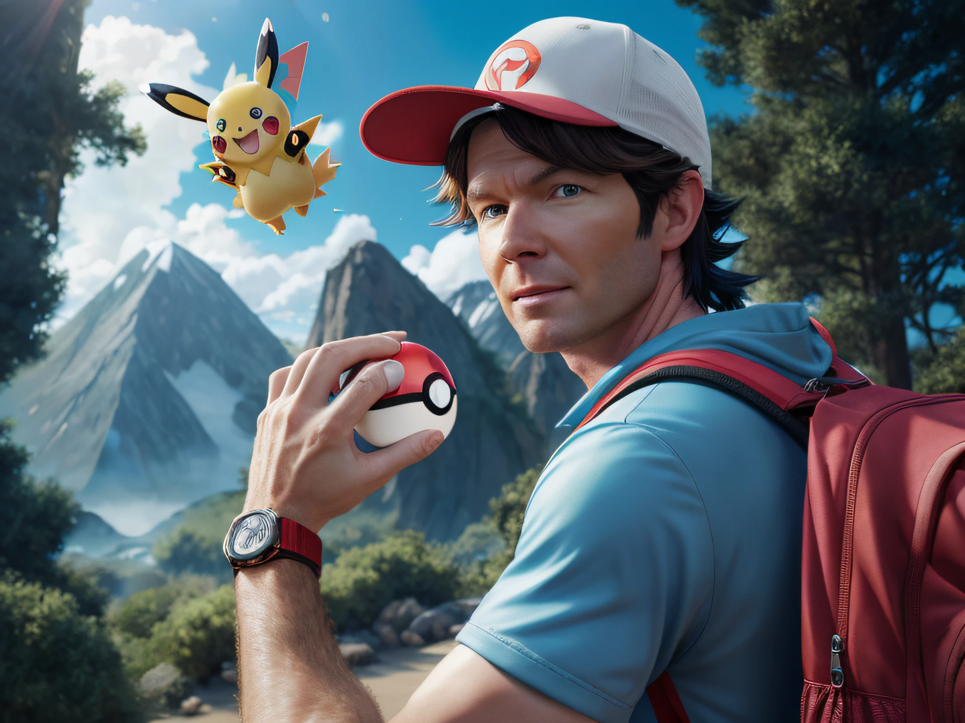 pokemon go is a popular video game that is being played by many people, pokemon trainer, pokemon in the wild, illustration pokemon, key art, promotional art, ash ketchum, pokémon, pokemon, pokemon cap, official art, a hyper realistic, adventure hyper realistic render, new pokemon, official artwork, misty, john park, fan art, pokemon inspired, detective pikachu