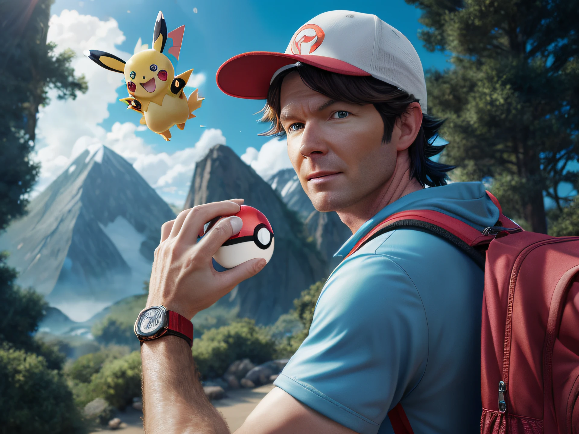 Pokémon go is a popular video game that is being played by many people, Pokémon trainer, Pokémon in the wild, illustration Pokémon, arte clave, Arte Promocional, Ceniza ketchum, Pokémon, Pokémon, Pokémon cap, arte oficial, un hiperrealista, renderizado hiperrealista de aventuras, new Pokémon, arte oficialwork, brumoso, parque juan, arte de fan, Pokémon inspired, Detective Pikachu