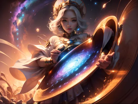 Anime woman holding a shield with a galaxy in the background, Mago Celestial Lindo, goddess of galaxies, cabelos longos brancos,...