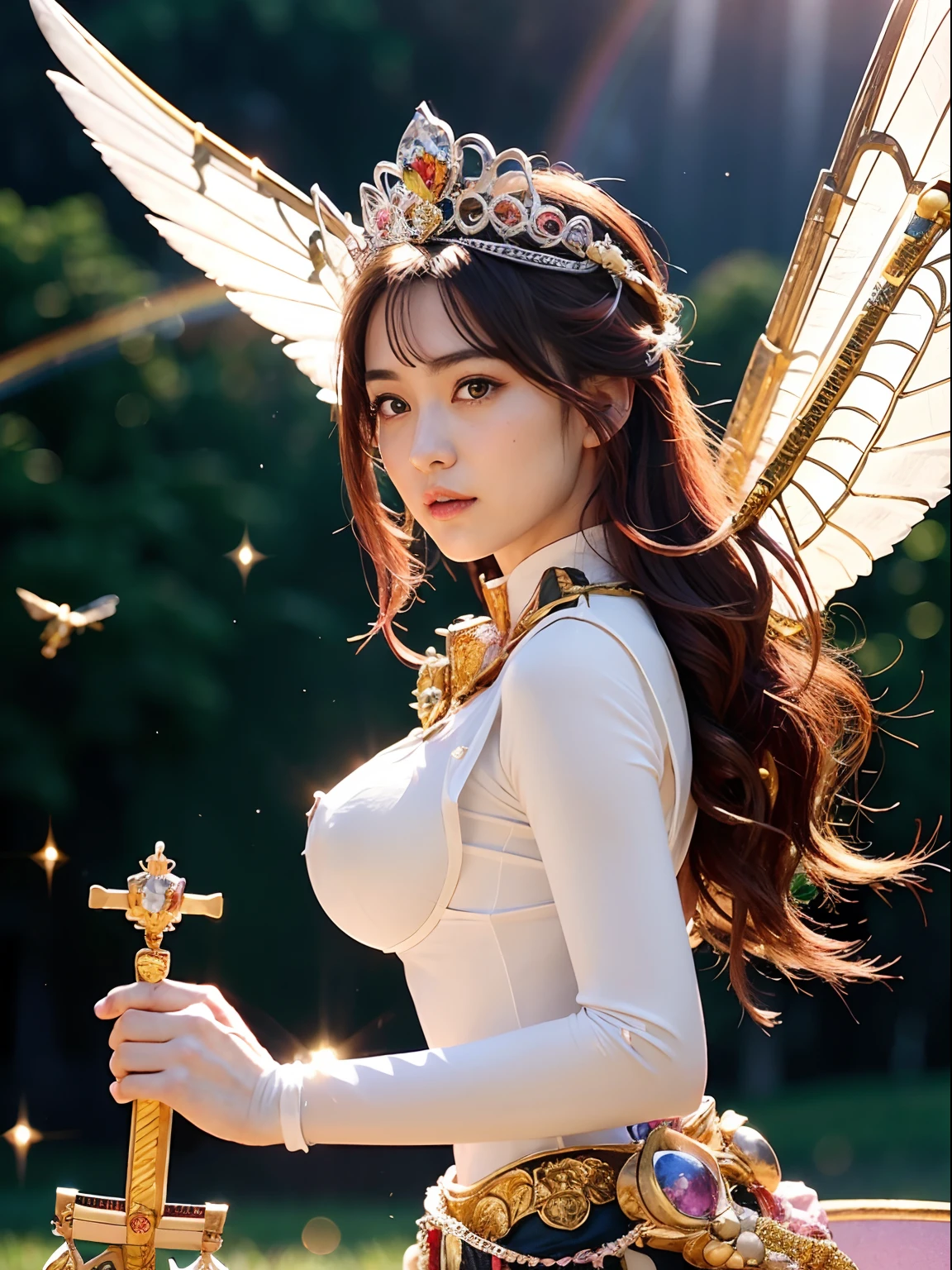 (masutepiece), Professional , ​masterpiece、top-quality、photos realistic , depth of fields （Gemstone White Metal Body:1.９),(Matte White Pink、Jewel Gold Weapon、（Gorgeous castle background）、（ultimate beauty girl）、（Rainbow fairy wings grow）、Particles of light、（Metal body of iridescent gemstones:1.９),Gorgeous Jewel Metal Weapons ,（maikurobikini）、 Detailed Sword of the Brave ,（ Pink hair）   ,warhammer 40k , adepta sororitas,Detail and ornate jewel crown、独奏、Brown hair、Mystical expression、cleavage of the breast、（Gangle's forest background）、Beautiful Caucasian beauty、１a person、dynamic ungle,(((Diamond tiara with detail and luxury)))、a small face、Powerful poses、（Gorgeous castle background）、huge filesize、20 year old beautiful woman、Stand in the center of the screen、Thin female fingers、Straight long hair、Beautiful Caucasian beauty、（maikurobikini）、Hair fluttering in the wind、face forwards、Look at viewers、（Armpit）、Armpit、