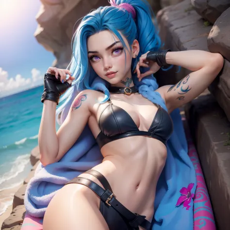 J3dmm, masterpiece, high quality best quality, 1girl, beach, blue hair, jinx, young female, 14 years, 1girl, solo, looking at viewer, detailed pink eyes, navel, gloves, fingerless gloves, character name, looking at viewer, outdoors, bath towel, wet, small ...