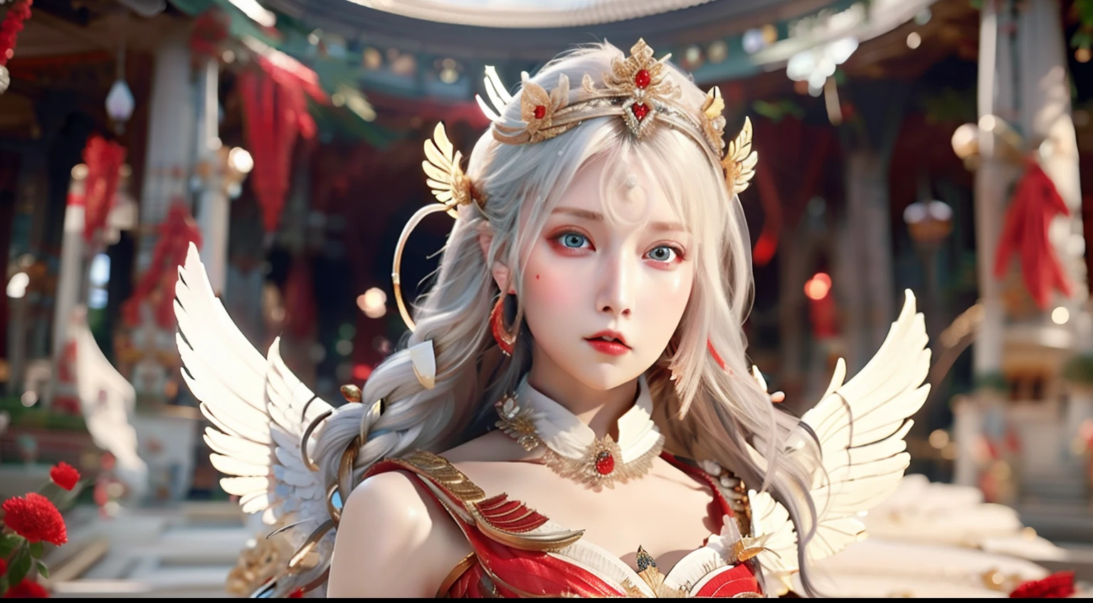 Masterpiece, Best quality, Ultra-detailed, illustration, Close-up, straight on, Face focus, 1girll, White hair，Red-faced stripes, Golden eyes, Long hair, Halo, Angel wings, Serene expression, view the viewer