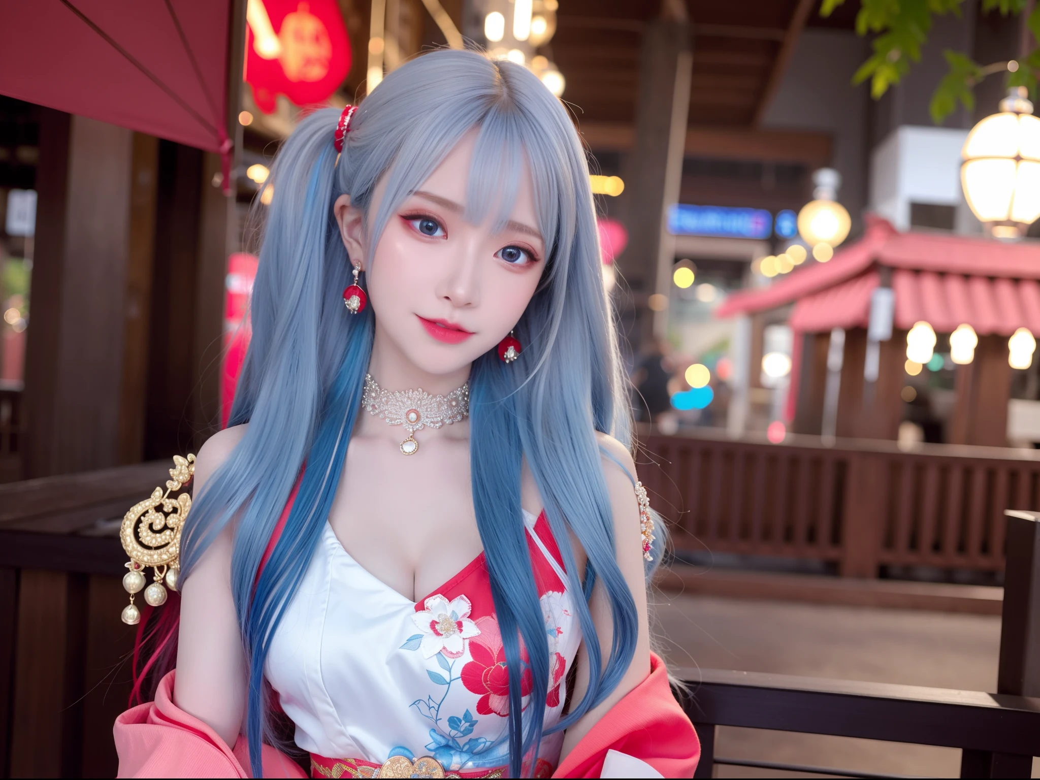 Arulin, 1girll, (Ulzzang-6500:0.01), Kpop idol, Aliga, Marie Rose,, Sexy pose,hand on the head, Underarms, Long hair, (multicolored hair:1.2),Blue|Silver_Hair, Best quality, (Photorealistic:1.2), (hair adornments:1.35), Blue eyes, extremely_Detailed_Eyes_and_face,Detailed face,Earrings, Torii, Cherry blossoms, Lantern light, Depth of field, Detailed face, Face focus, (view the viewer:1.25), Shiny skin, Smile, Thick lips, Game CG, east asian architecture, The background is blurred out, (Medium breasts), Portrait