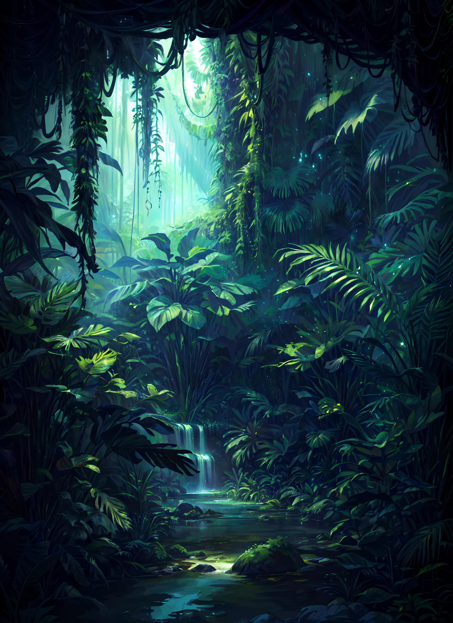 Una pintura digital de una escena de la selva con un arroyo y árboles, Selva profunda de otro mundo., jungla de fantasía, art nouveau ambiente selvático, textura de la selva profunda, ambiente selvático, jungla espeluznante, una jungla alienígena, overgrown ambiente selvático, Hermosa selva, paisaje selvático, inside una jungla alienígena, Jungla de fondo, Bajo las selvas del mundo exterior, pintura misteriosa de la selva
