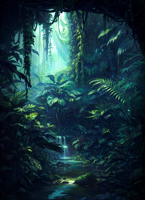 a digital painting of a jungle scene with a stream and trees, deep jungle from another world, fantasy jungle, art nouveau jungle...
