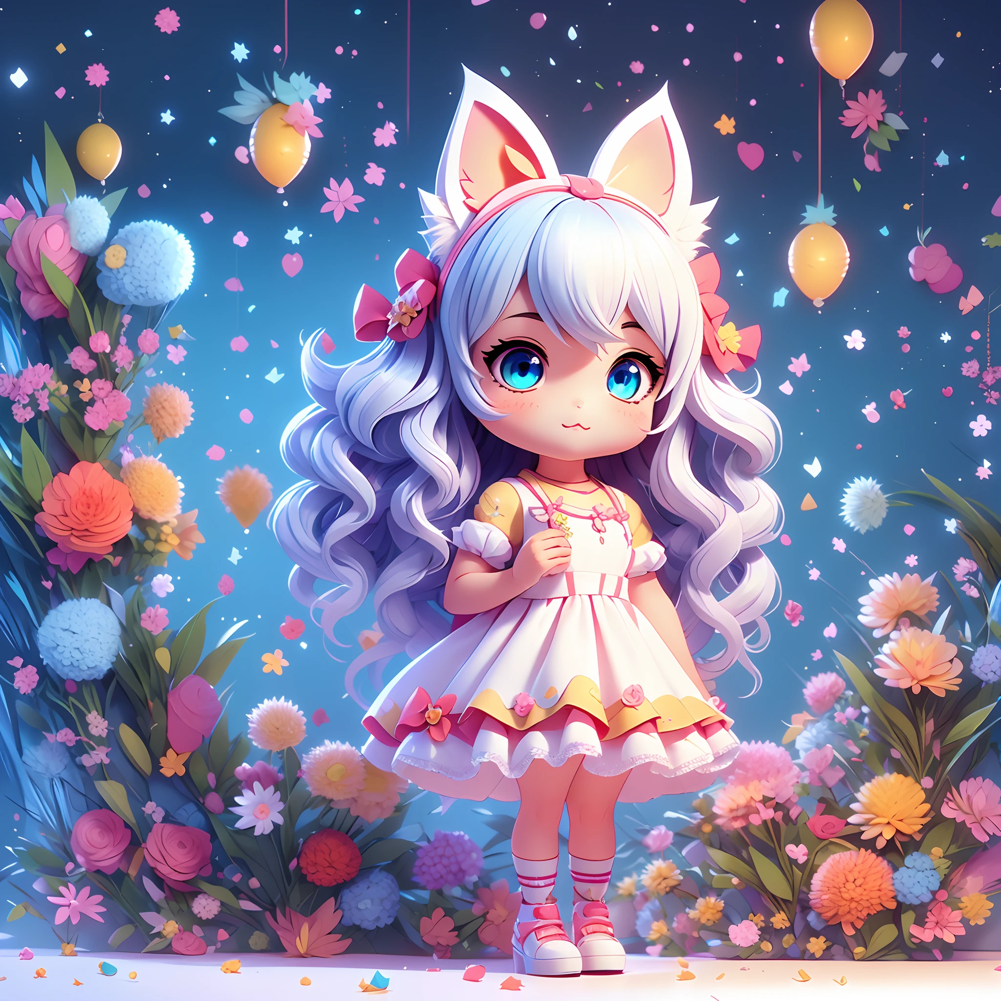 1girl, animal ears, tail, chibi, white hair, cat ears, solo, cat tail, long hair, hair ornament, cat girl, virtual youtuber, dress, blue eyes, ahoge, bow, white background, animal ear fluff, hairclip, holding