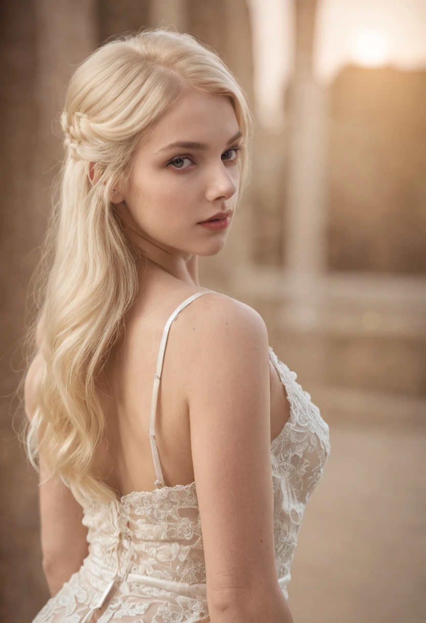 A woman in a wedding dress with long blonde hair and a low ponytail -  SeaArt AI