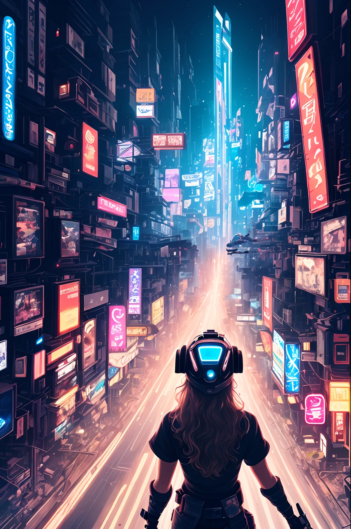 masterpiece, best quality, ultra-detailed, illustration, 1girl, solo, standing, confident, serious expression, cyberpunk, paladin, sword, metallic, high-tech, cybernetic armor, bright lights, neon, wires, cables, circuits, circuitry, visor, helmet, cybernetic limbs, long hair, blonde, hair styled in a braid, flowing in the wind, futuristic cityscape, towering skyscrapers, flying vehicles, holograms, tech noir, laser beams, power armor, glowing power sword, action pose, ready to fight, intensity, defending the city, night scene, city lights, cyberpunk aesthetic