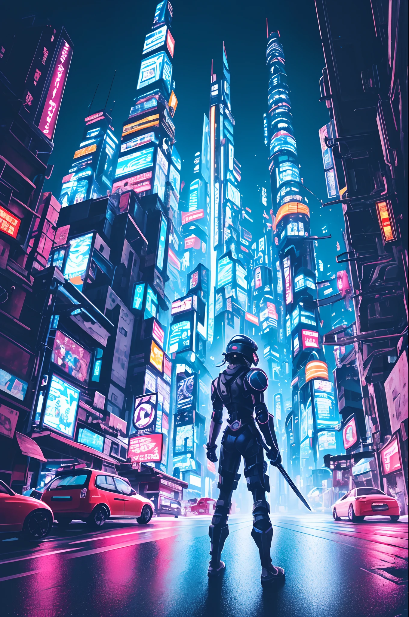 Meisterwerk, beste Qualität, ultra-detailliert, Illustration, 1 Mädchen, Allein, Stehen, zuversichtlich, Ernster Ausdruck, cyberpunk, Paladin, Schwert, metallic, Hightech, kybernetische Rüstung, Helle Lichter, Neon, Drähte, Kabel, Schaltkreise, Schaltkreis, Visier, Helm, kybernetische Gliedmaßen, lange Haare, blonde, Haare zu einem Zopf gestylt, im Winde fließen, futuristisches Stadtbild, hoch aufragende Wolkenkratzer, fliegende Fahrzeuge, Hologramme, tech noir, Laserstrahlen, Powerrüstung, glowing power Schwert, Aktionspose, Kampfbereit, Intensität, Verteidigung der Stadt, Nachtszene, Lichter der Stadt, cyberpunk aesthetic