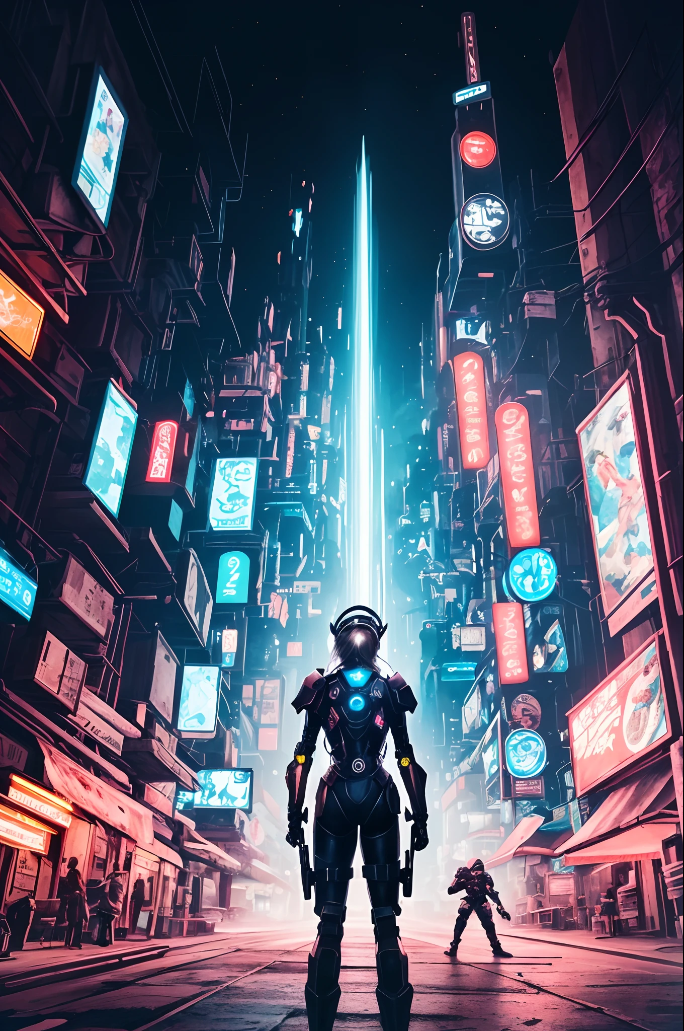 Meisterwerk, beste Qualität, ultra-detailliert, Illustration, 1 Mädchen, Allein, Stehen, zuversichtlich, Ernster Ausdruck, cyberpunk, Paladin, Schwert, metallic, Hightech, kybernetische Rüstung, Helle Lichter, Neon, Drähte, Kabel, Schaltkreise, Schaltkreis, Visier, Helm, kybernetische Gliedmaßen, lange Haare, blonde, Haare zu einem Zopf gestylt, im Winde fließen, futuristisches Stadtbild, hoch aufragende Wolkenkratzer, fliegende Fahrzeuge, Hologramme, tech noir, Laserstrahlen, Powerrüstung, glowing power Schwert, Aktionspose, Kampfbereit, Intensität, Verteidigung der Stadt, Nachtszene, Lichter der Stadt, cyberpunk aesthetic