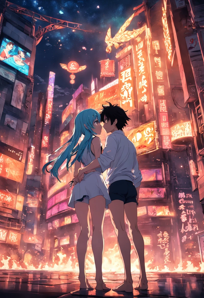 A couple of anime characters standing in front of a city - SeaArt AI