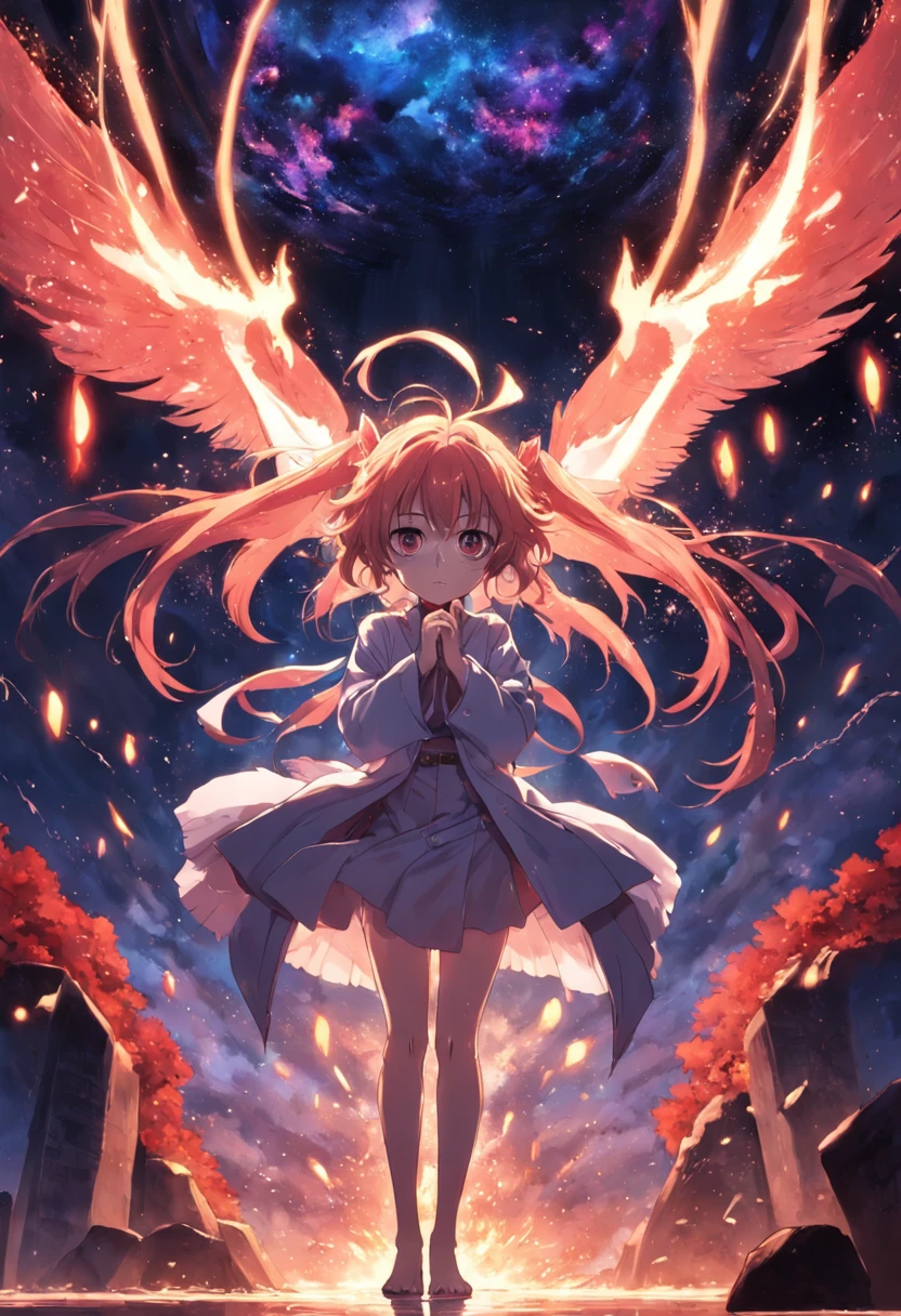 A girl with long hair and angel wings standing in front of a dark sky -  SeaArt AI