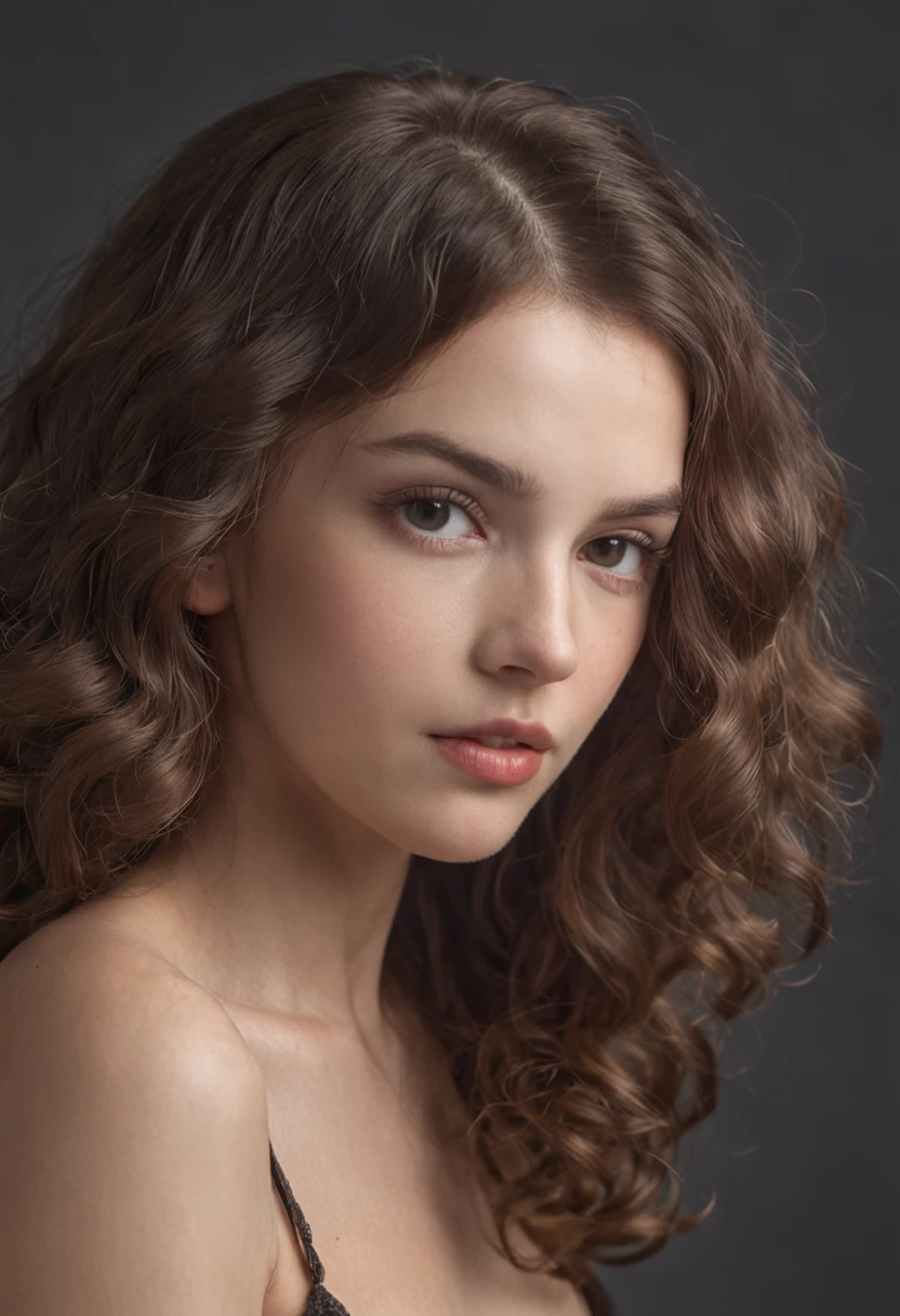 Full body portrait of girl, naked, curly hair, petite