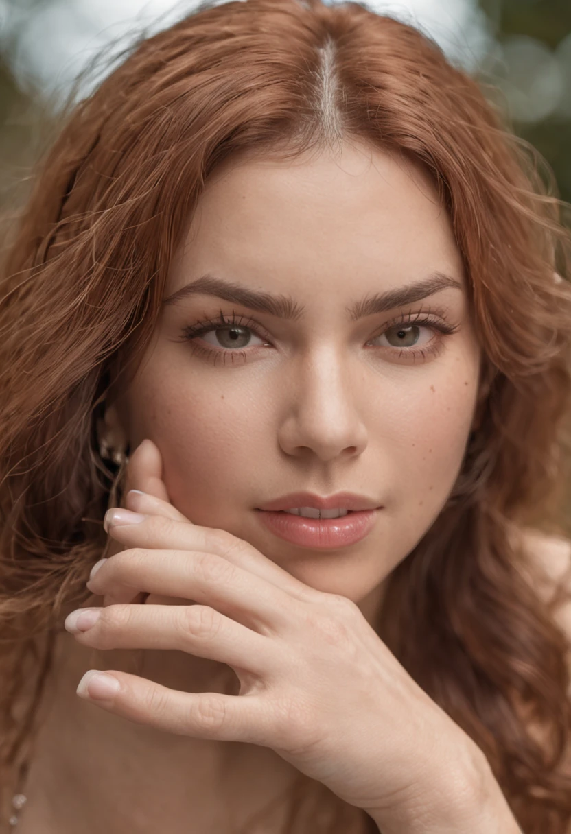 A close up of a woman with red hair and a ring on her finger - SeaArt AI